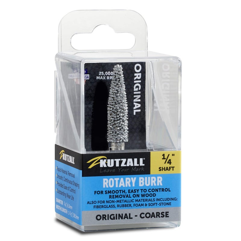 Kutzall Original Taper Rotary Burr, 1â„4" Shaft, Coarse - Wood Carving Bit for Bosch, DeWalt, Milwaukee. Abrasive Tungsten Carbide, 1â„4" (6.3mm) Head Dia. X 1-1â„2" (38.1mm) Length, T-14 - Image 1